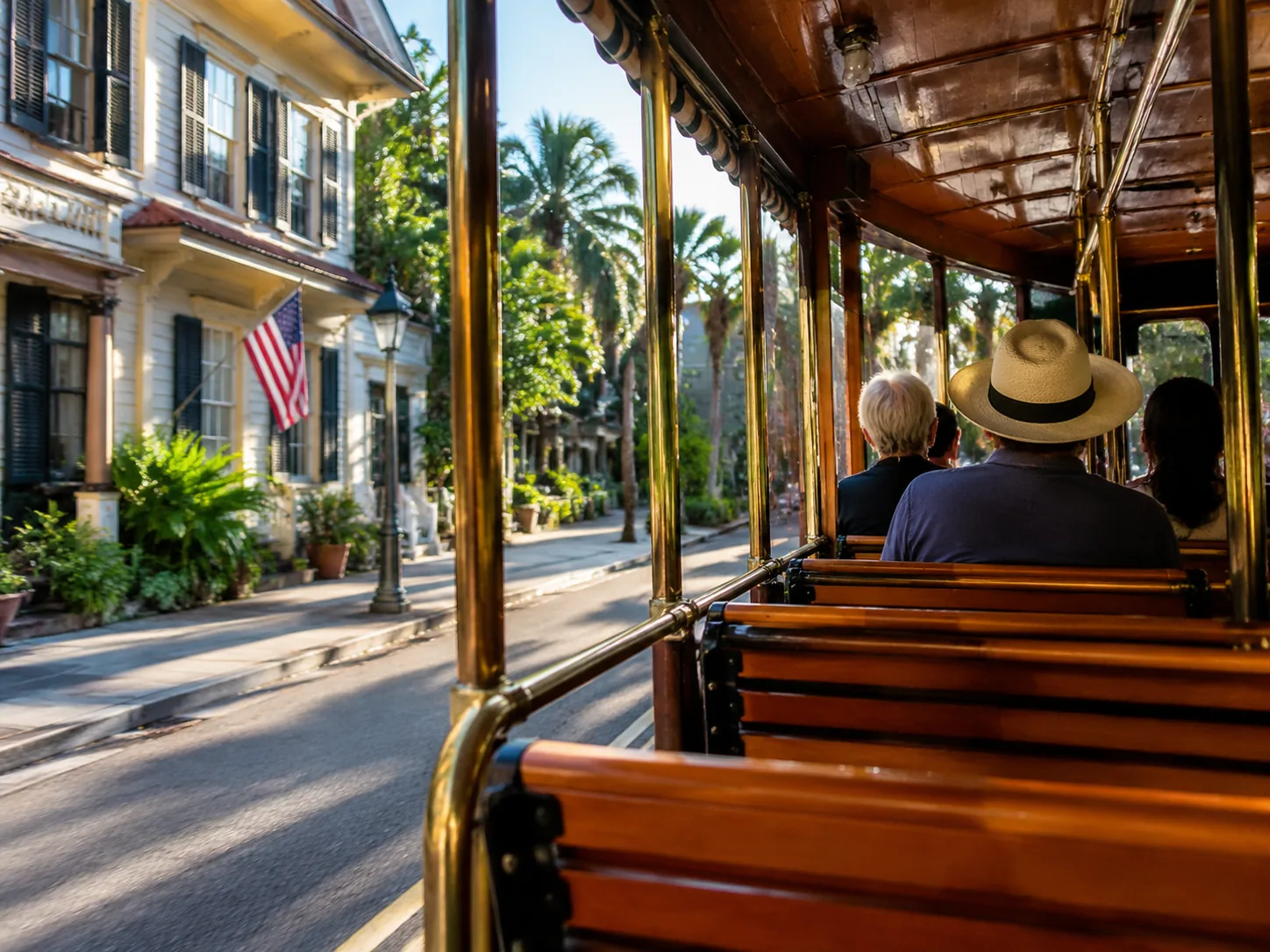 The trolley passing historic buildings